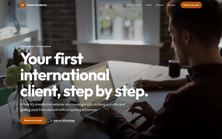Home page of Kaam Academy, a sample story layout website
