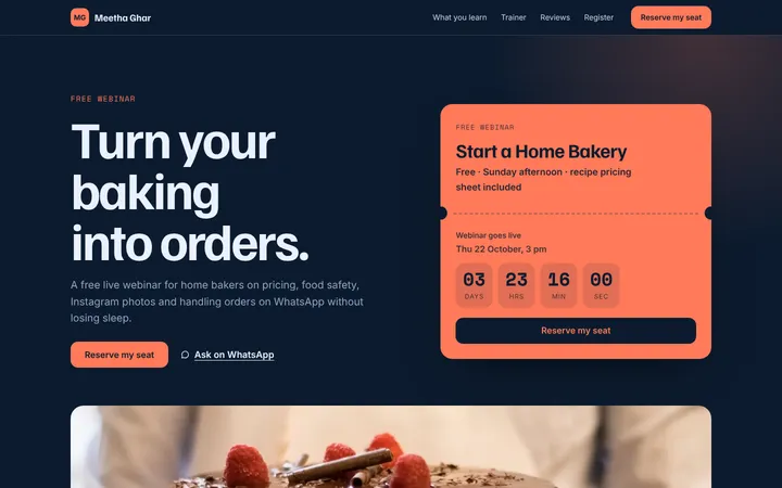 Home page of Meetha Ghar, a sample ticket layout website