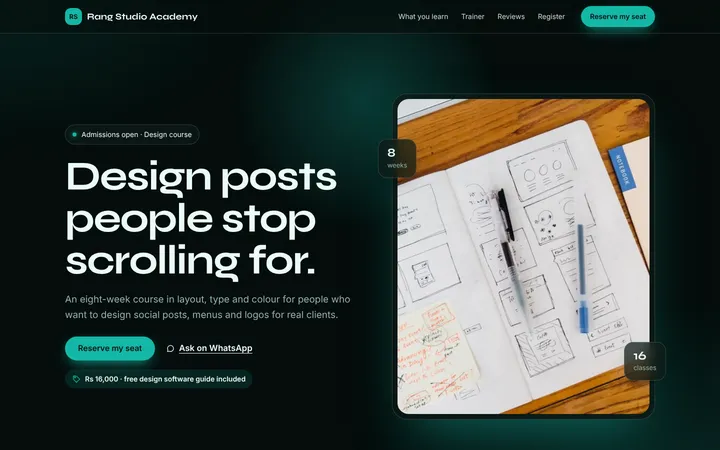 Home page of Rang Studio Academy, a sample glow layout website