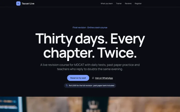 Home page of Tayyari Live, a sample keynote layout website