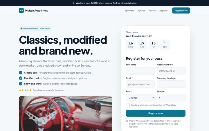 Home page of Multan Auto Show, a sample lead form layout website