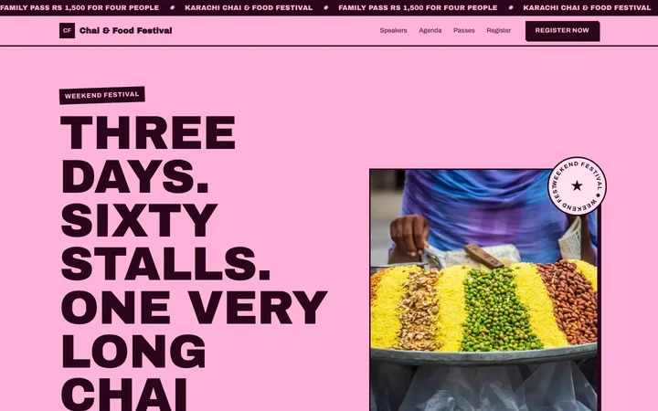 Home page of Chai & Food Festival, a sample poster layout website