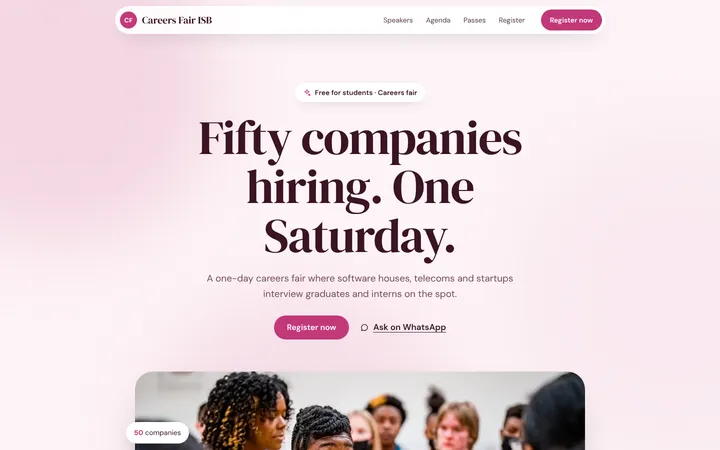 Home page of Careers Fair ISB, a sample soft layout website