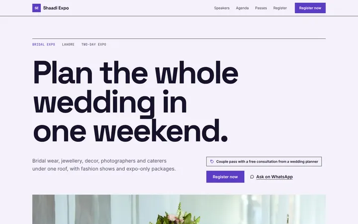 Home page of Shaadi Expo, a sample rail layout website