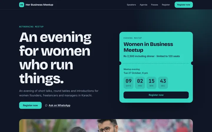 Home page of Her Business Meetup, a sample ticket layout website