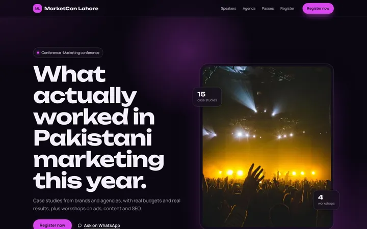 Home page of MarketCon Lahore, a sample glow layout website