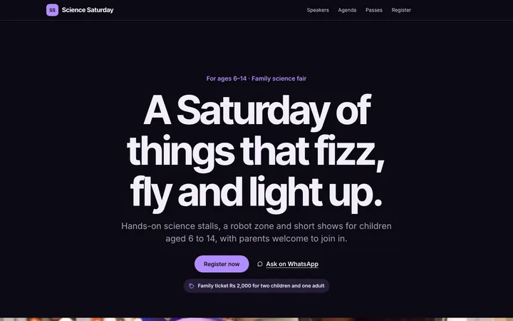 Home page of Science Saturday, a sample keynote layout website