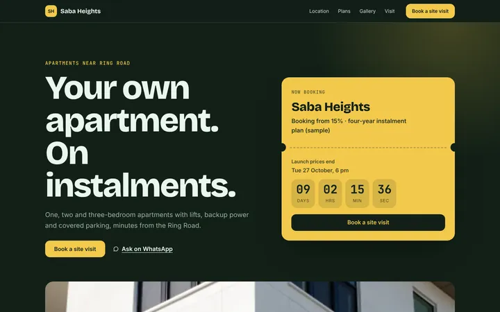 Home page of Saba Heights, a sample ticket layout website