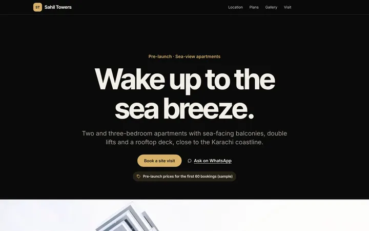 Home page of Sahil Towers, a sample keynote layout website