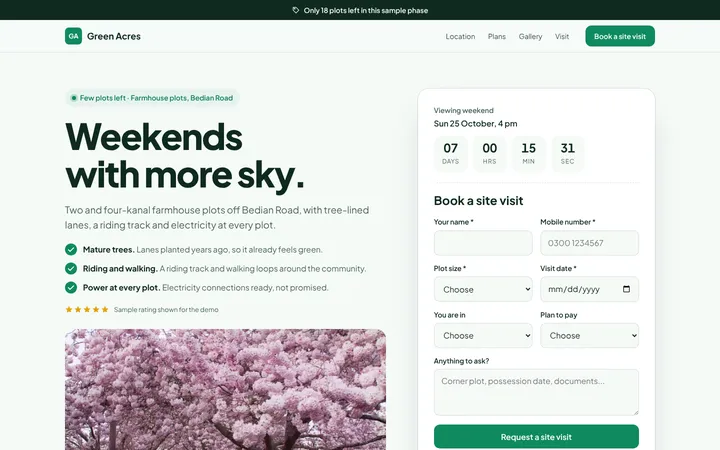 Home page of Green Acres, a sample lead form layout website