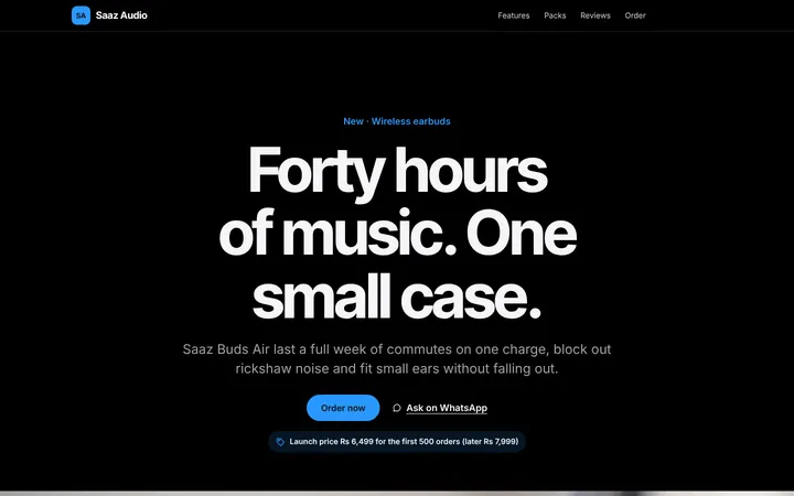 Home page of Saaz Audio, a sample keynote layout website