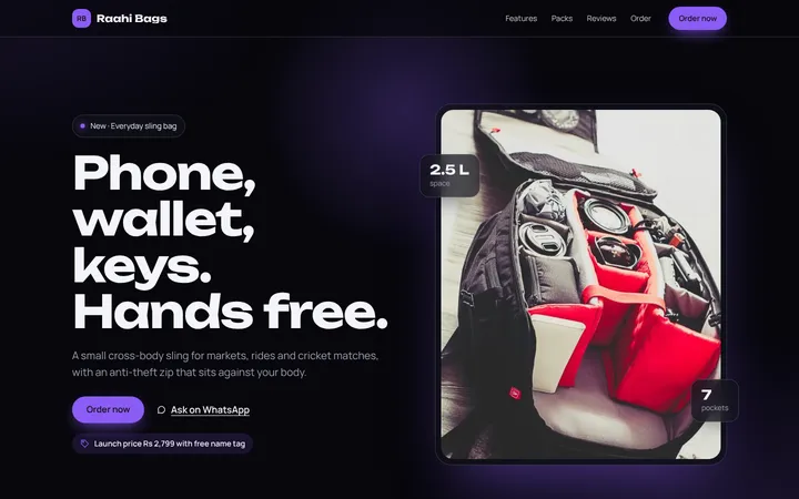 Home page of Raahi Bags, a sample glow layout website