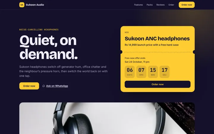 Home page of Sukoon Audio, a sample ticket layout website