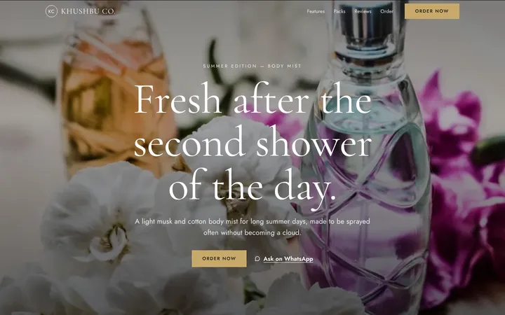 Home page of Khushbu Co., a sample luxe layout website