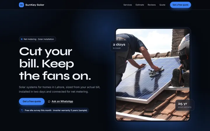Home page of SunKey Solar, a sample glow layout website