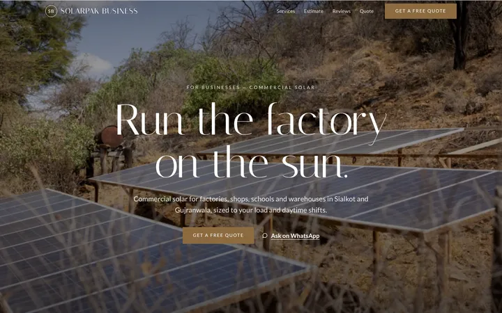 Home page of SolarPak Business, a sample luxe layout website