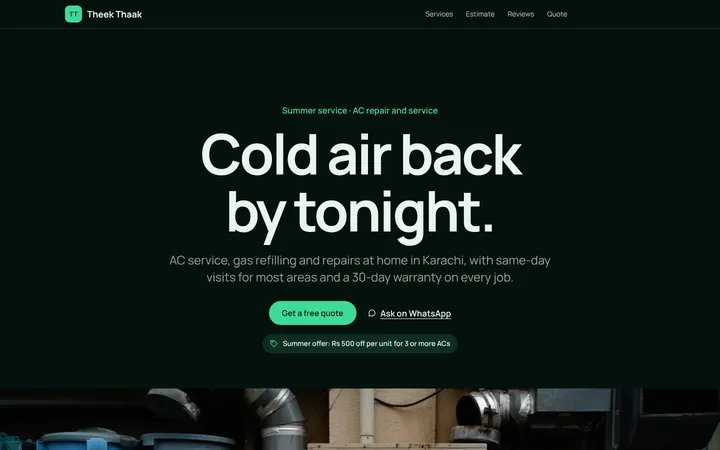 Home page of Theek Thaak, a sample keynote layout website