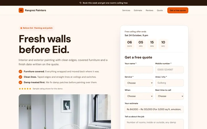 Home page of Rangrez Painters, a sample lead form layout website