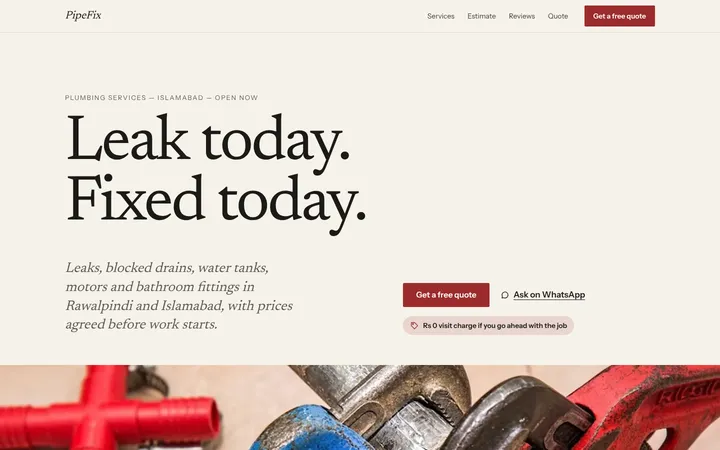Home page of PipeFix, a sample editorial layout website