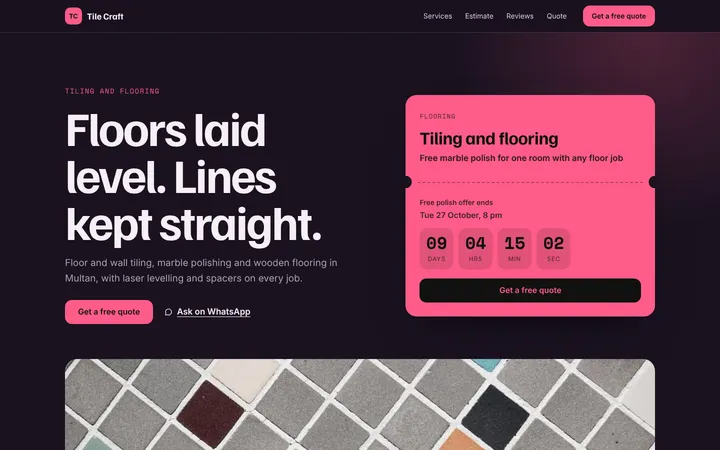 Home page of Tile Craft, a sample ticket layout website