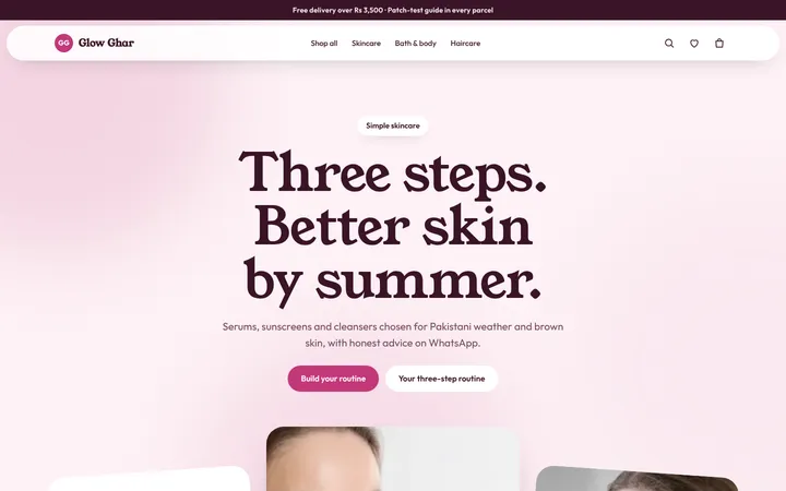 Home page of Glow Ghar, a sample blush layout website