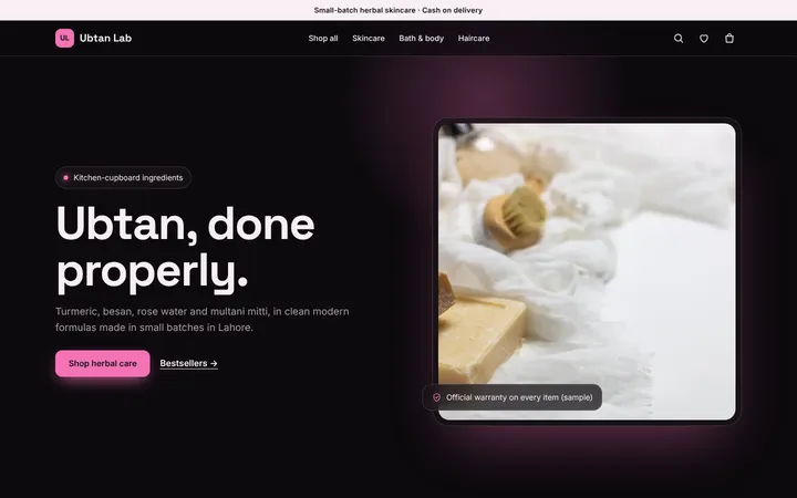 Home page of Ubtan Lab, a sample neon layout website