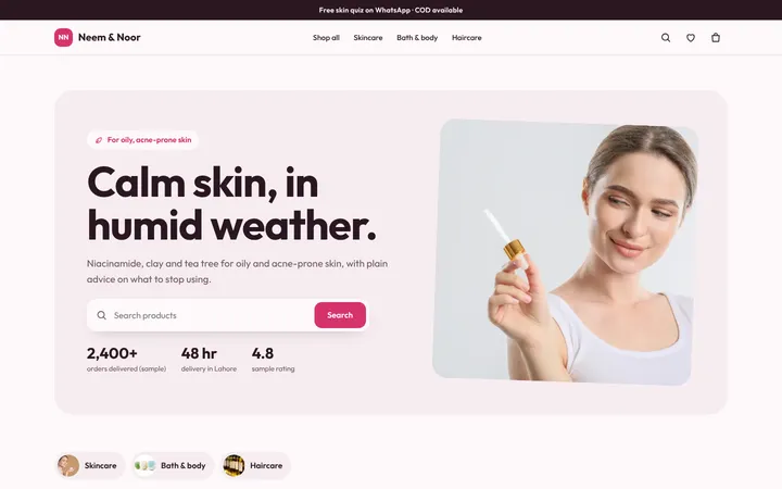 Home page of Neem & Noor, a sample fresh layout website
