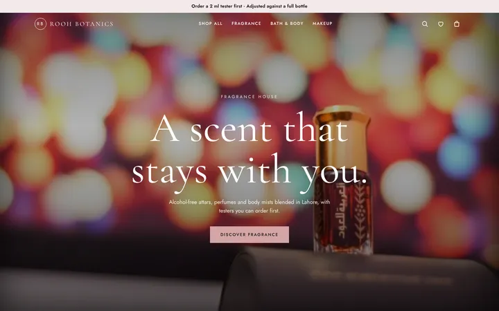Home page of Rooh Botanics, a sample atelier layout website