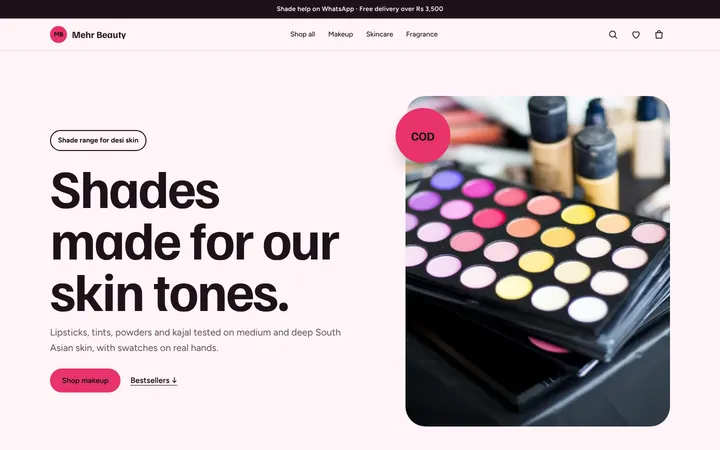 Home page of Mehr Beauty, a sample pop layout website