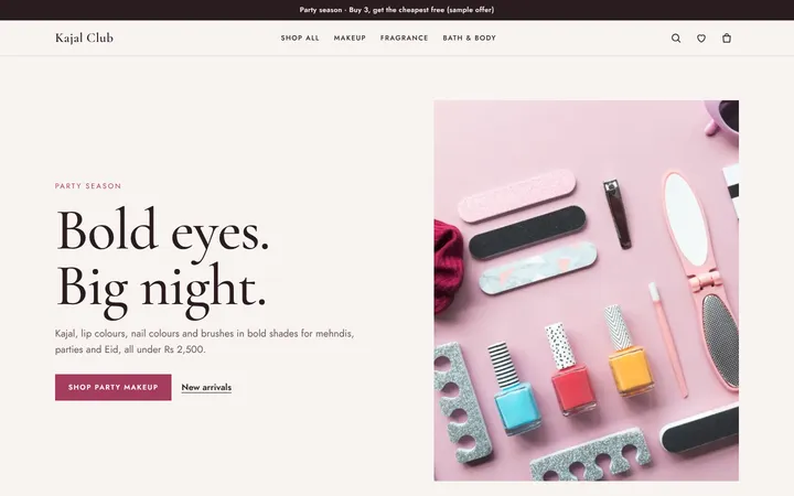 Home page of Kajal Club, a sample boutique layout website