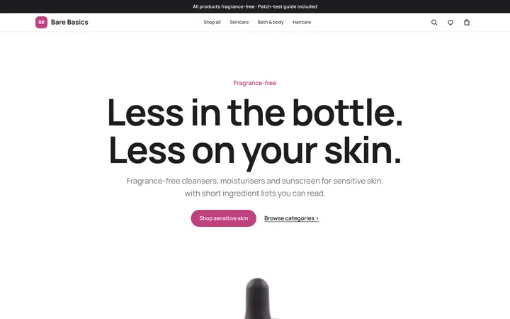 Home page of Bare Basics, a sample studio layout website