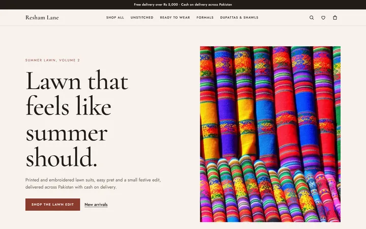 Home page of Resham Lane, a sample boutique layout website