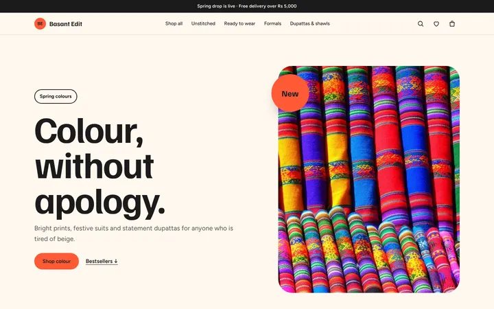 Home page of Basant Edit, a sample pop layout website