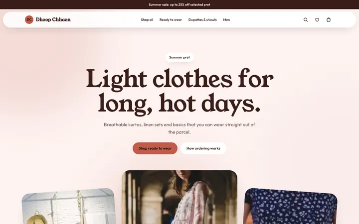 Home page of Dhoop Chhaon, a sample blush layout website