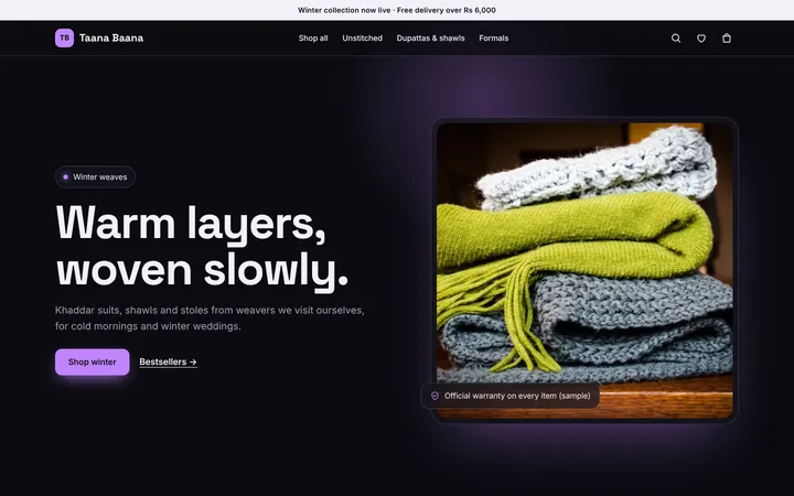 Home page of Taana Baana, a sample neon layout website