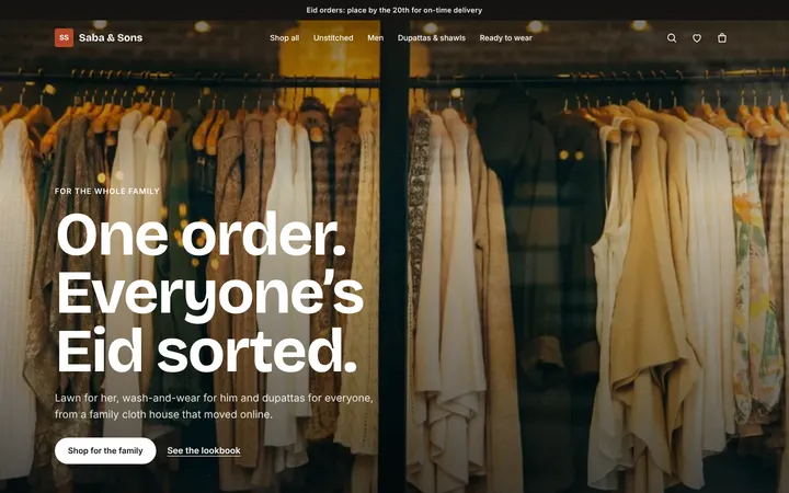 Home page of Saba & Sons, a sample lookbook layout website