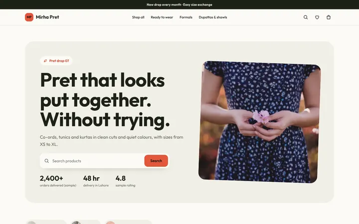 Home page of Mirha Pret, a sample fresh layout website