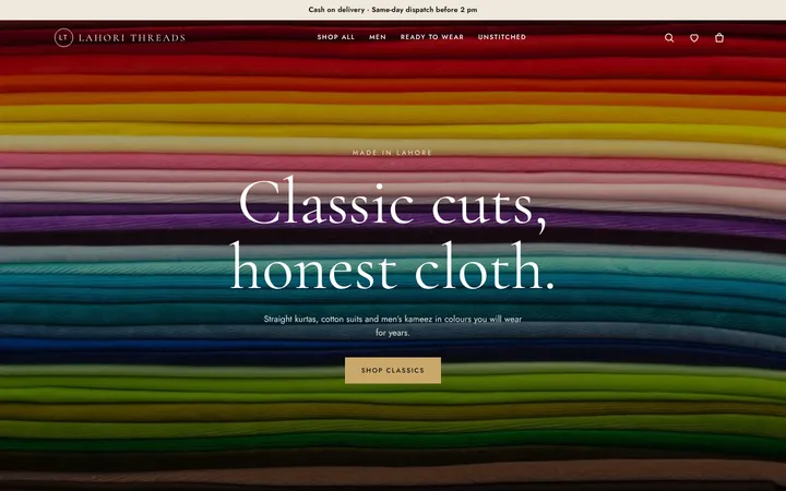 Home page of Lahori Threads, a sample atelier layout website