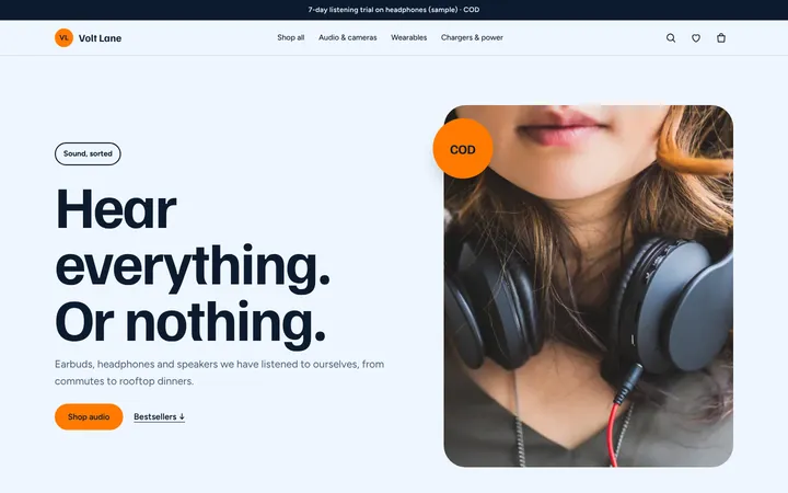 Home page of Volt Lane, a sample pop layout website