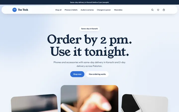 Home page of Tez Tech, a sample blush layout website