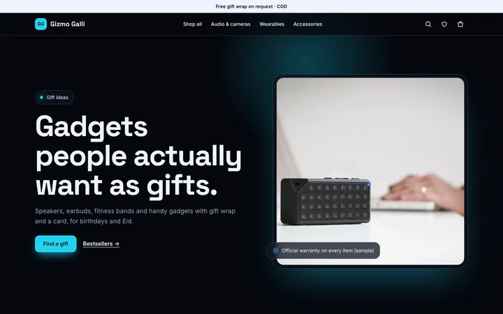 Home page of Gizmo Galli, a sample neon layout website