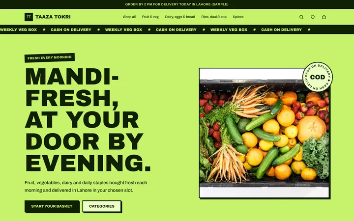 Home page of Taaza Tokri, a sample bazaar layout website