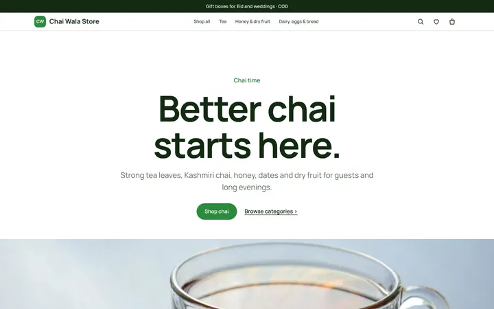 Home page of Chai Wala Store, a sample studio layout website