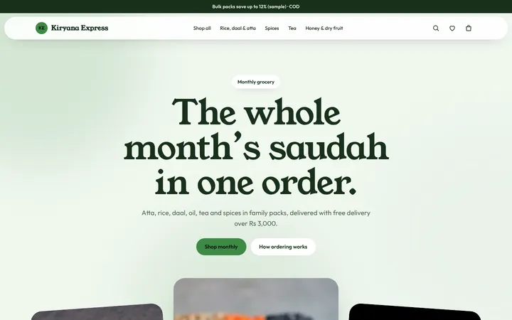 Home page of Kiryana Express, a sample blush layout website