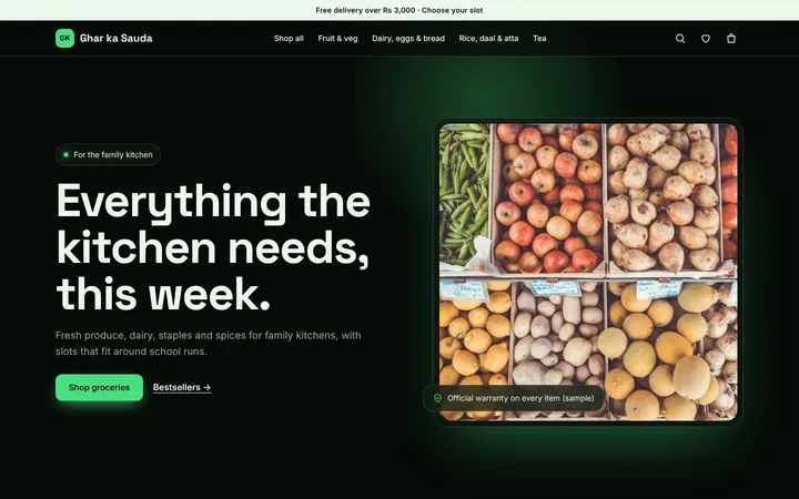 Home page of Ghar ka Sauda, a sample neon layout website