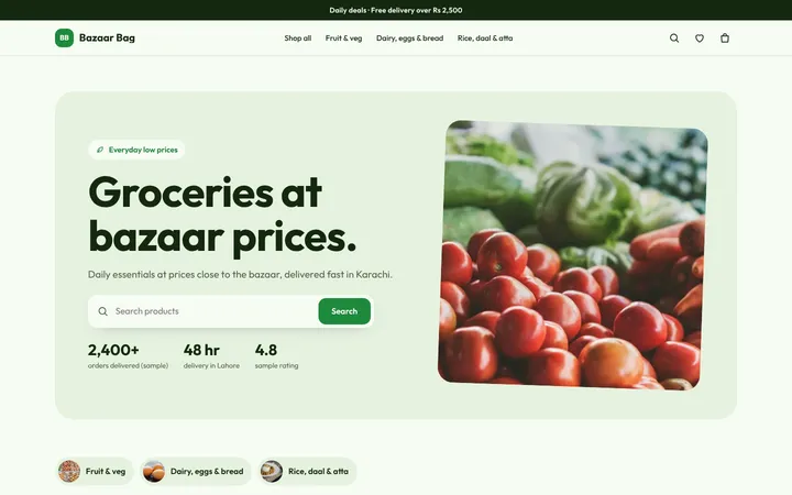 Home page of Bazaar Bag, a sample fresh layout website