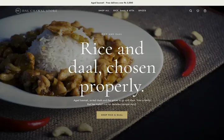 Home page of Dal Chawal Store, a sample atelier layout website