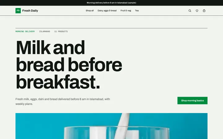 Home page of Fresh Daily, a sample catalogue layout website