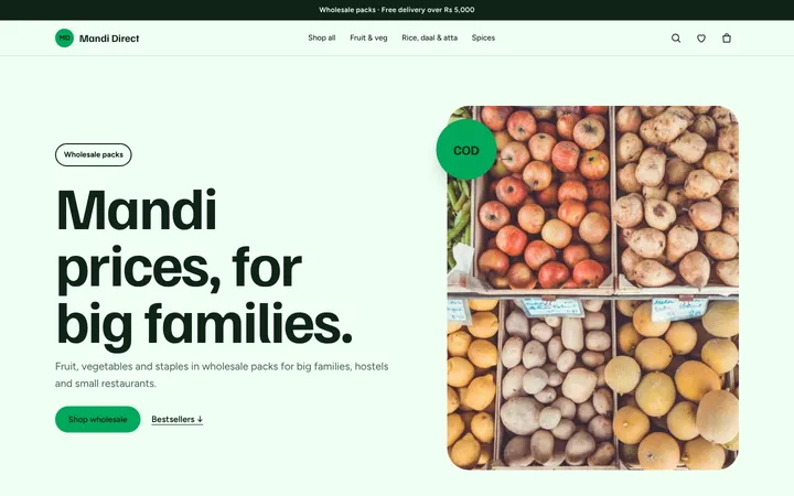 Home page of Mandi Direct, a sample pop layout website