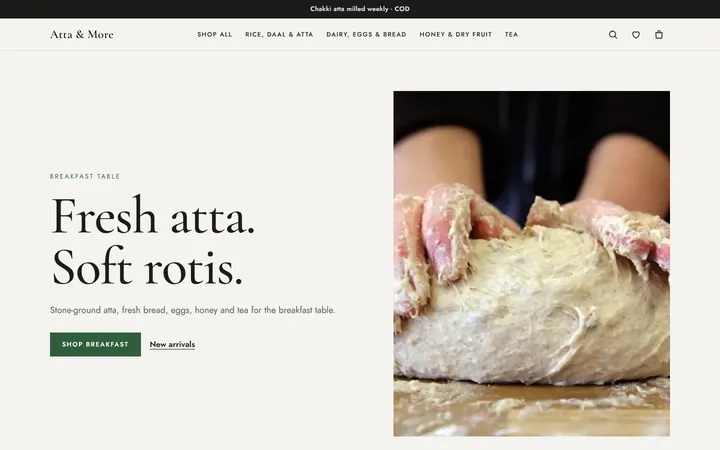 Home page of Atta & More, a sample boutique layout website